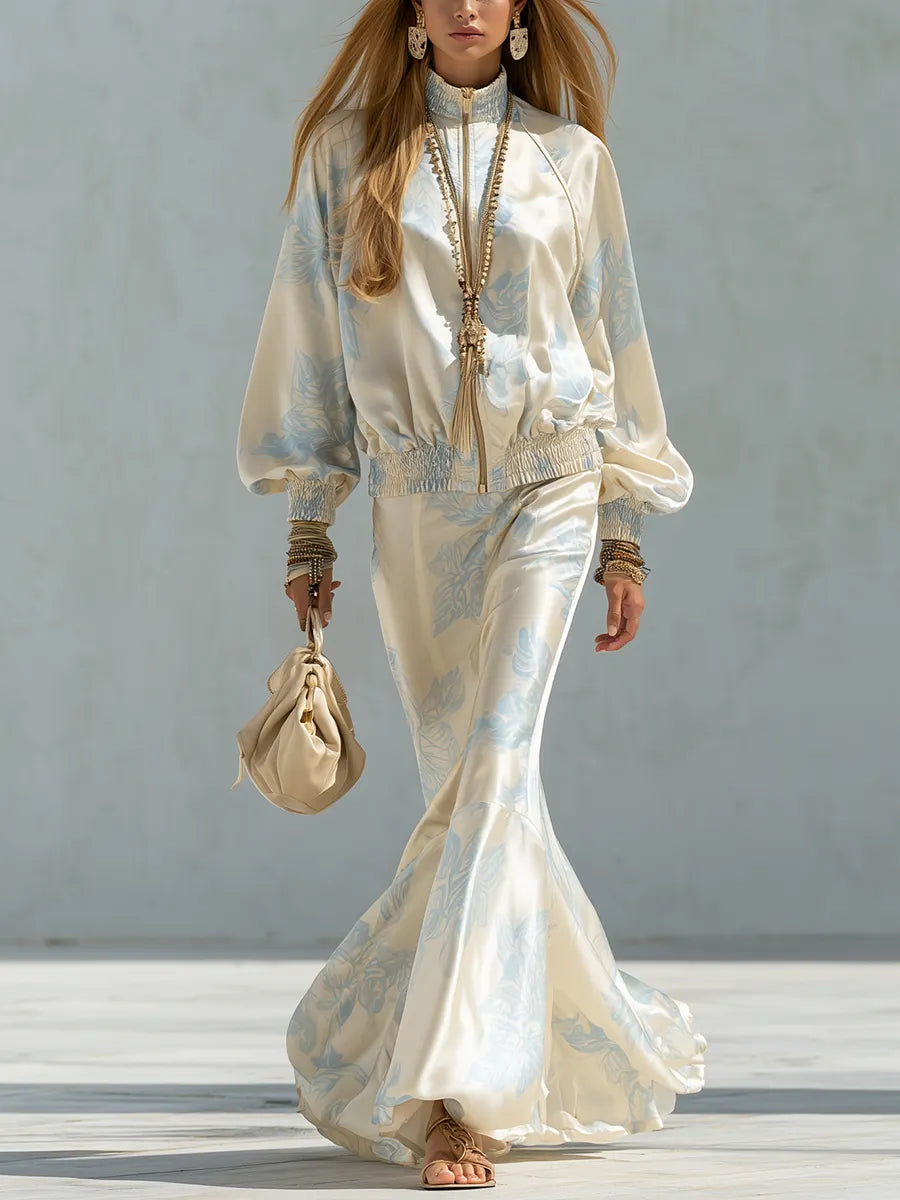 French-style Elegant Cream White And Blue Printed Satin Suit