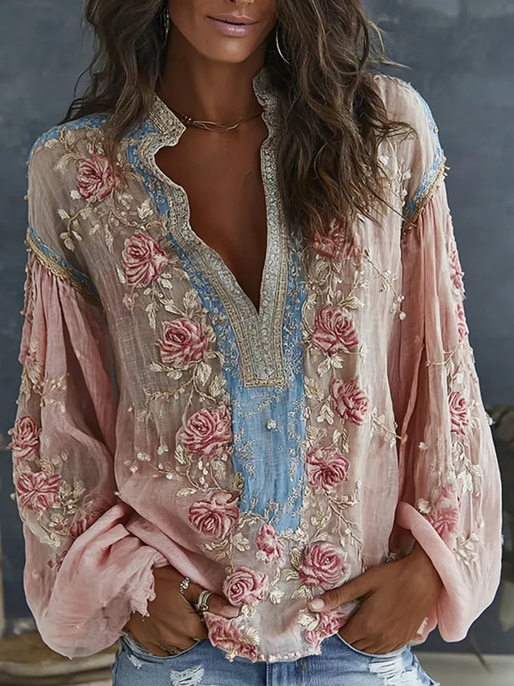 Women's Spring Floral Embroidered Art Print Flowy Linen Blend Casual Shirt