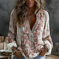 Women's Vintage Floral Embroidered Art Print Flowy Linen Blend Casual Tops