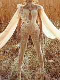 Gorgeous Embellished Lace Jacquard Sexy Slim Evening Jumpsuit