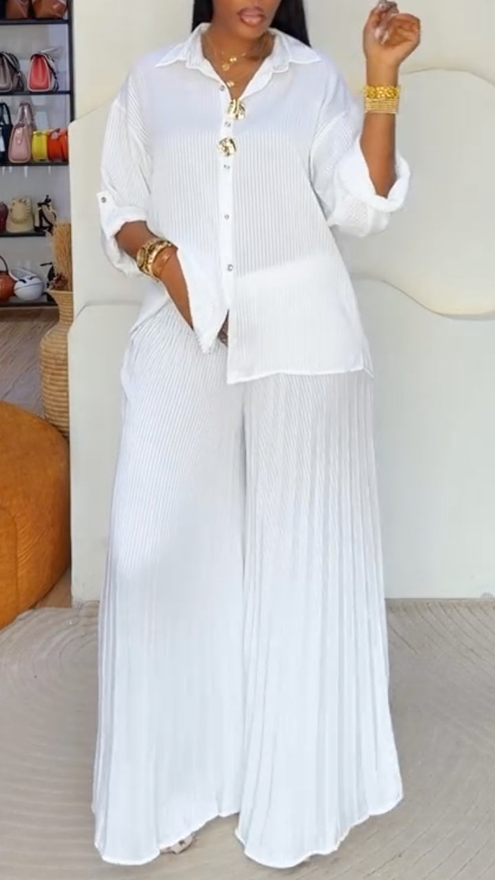 White Pleated Shirt & Wide‑Leg Pants Co‑Ord Set
