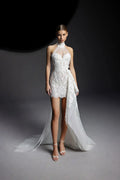 Elegant  WhiteHalter-neck Lace High-low Mini Dress