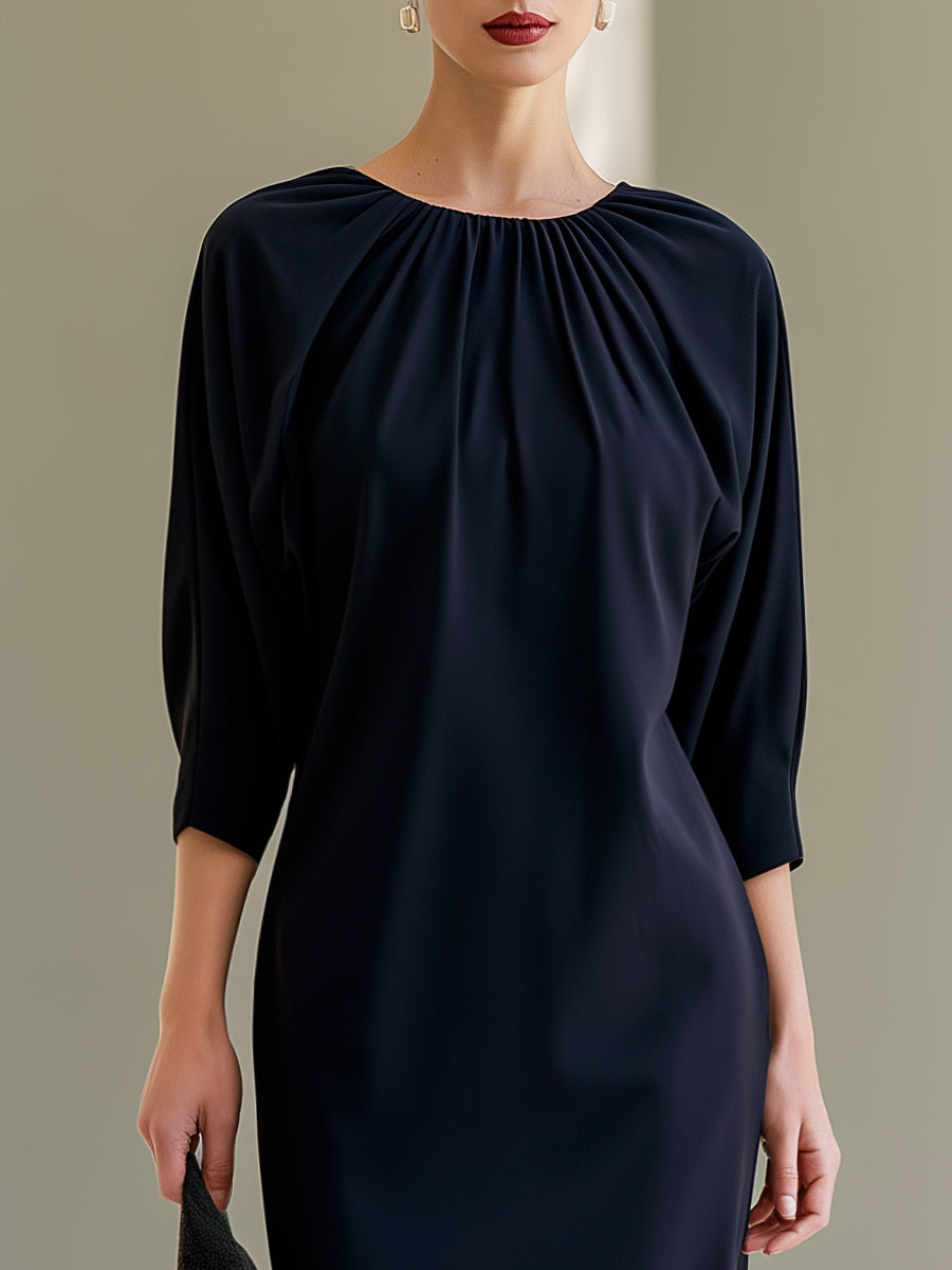 Pleated Neckline Dolman-Sleeve Midi Dress
