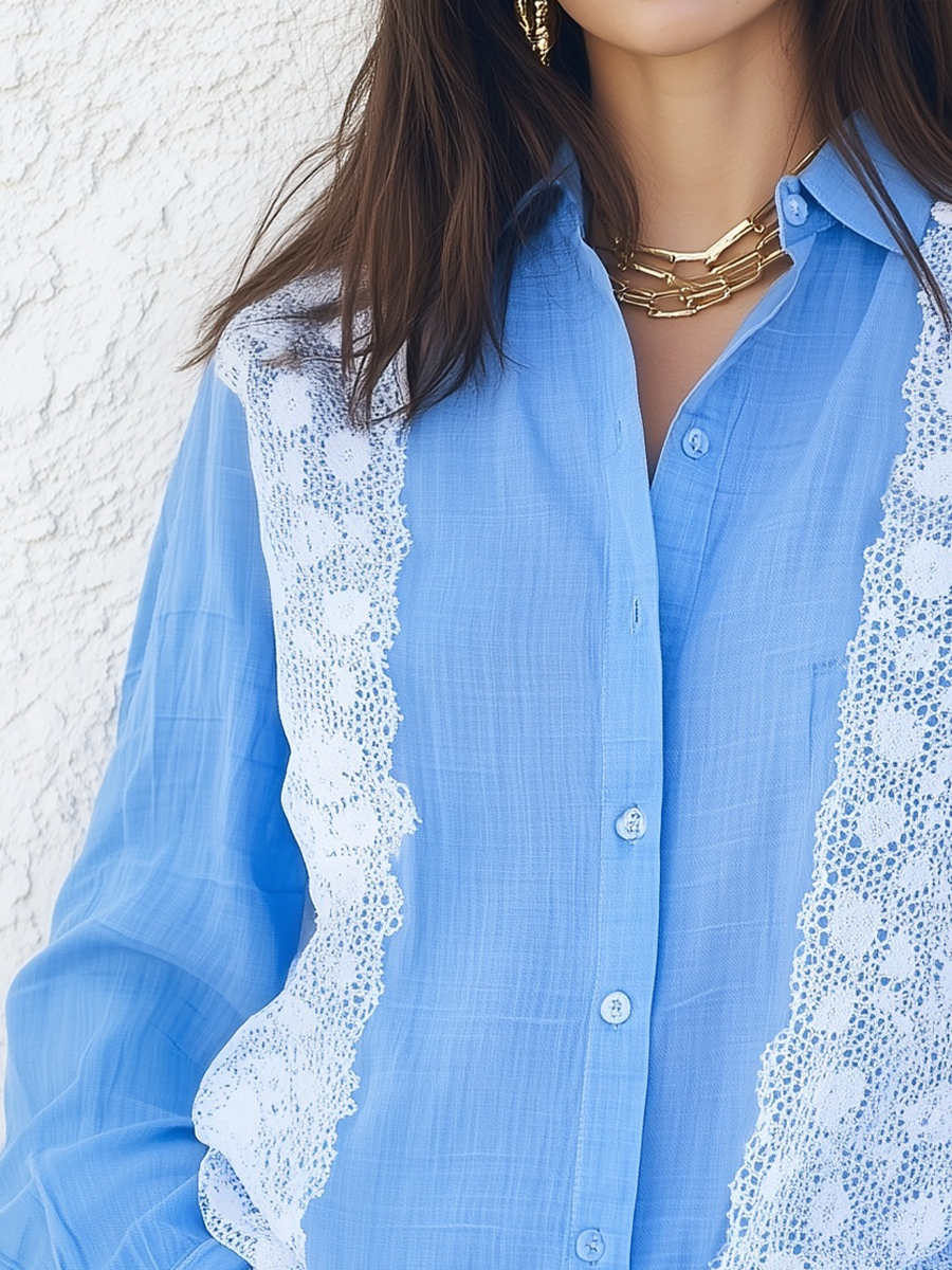Romantic Lace Panel Button Front Blouse