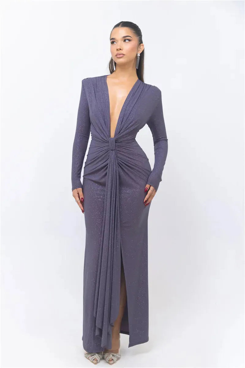 Elira Deep Plunge Glitter Maxi Dress – Long Sleeve Ruched Formal Gown for Special Occasions & Evening Glam