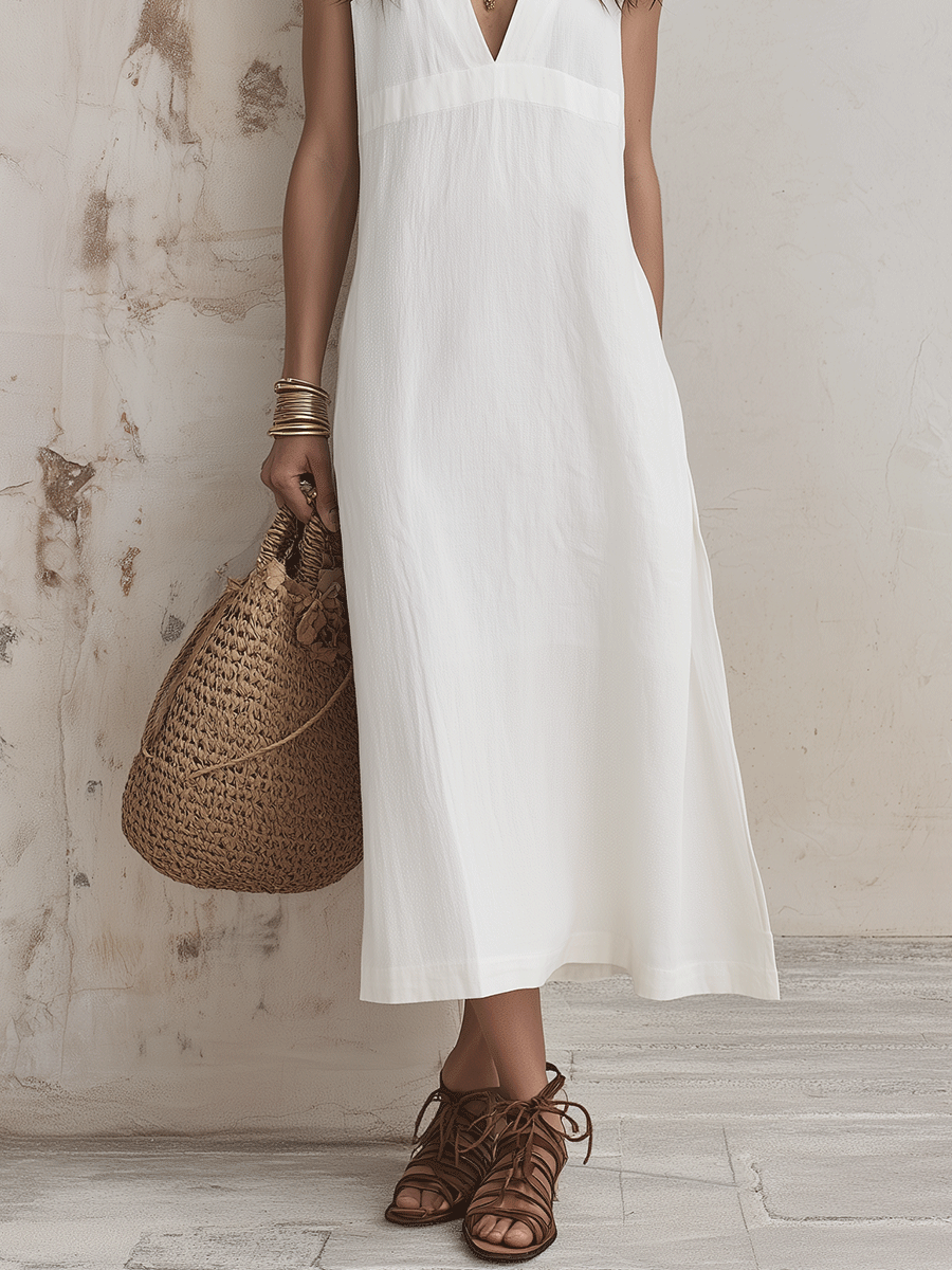Elegant Vacation Cotton-Linen Pure White V-Neck A-Line Midi Dress