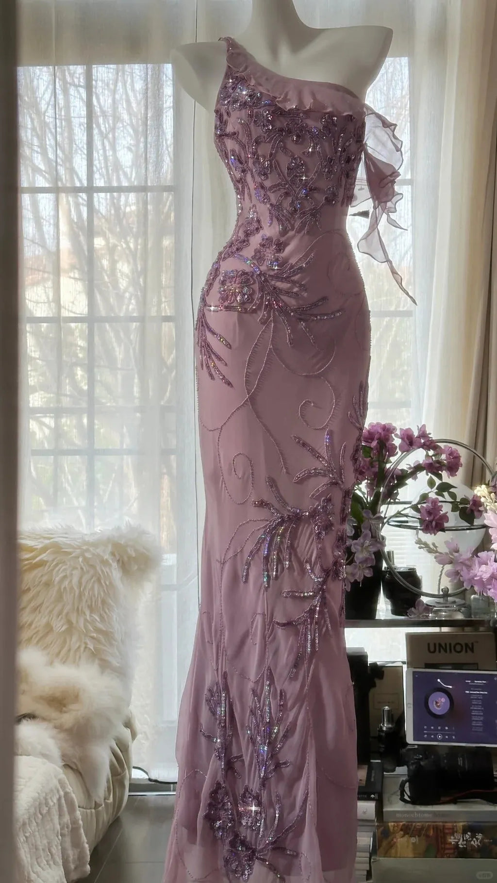 Pink Purple Romantic One Shoulder Fashion Elegant Exquisite Floral Beading Long Chiffon Ball Gown Evening Dress Birthday Holiday Party Dress Prom Dress 4012