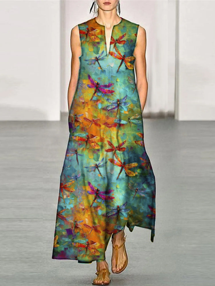 Oil Painting Dragonfly Women's Casual Resort Sleeveless Long Dress