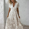 Elegant Floral Lace Embroidered Cozy Linen Maxi Dress