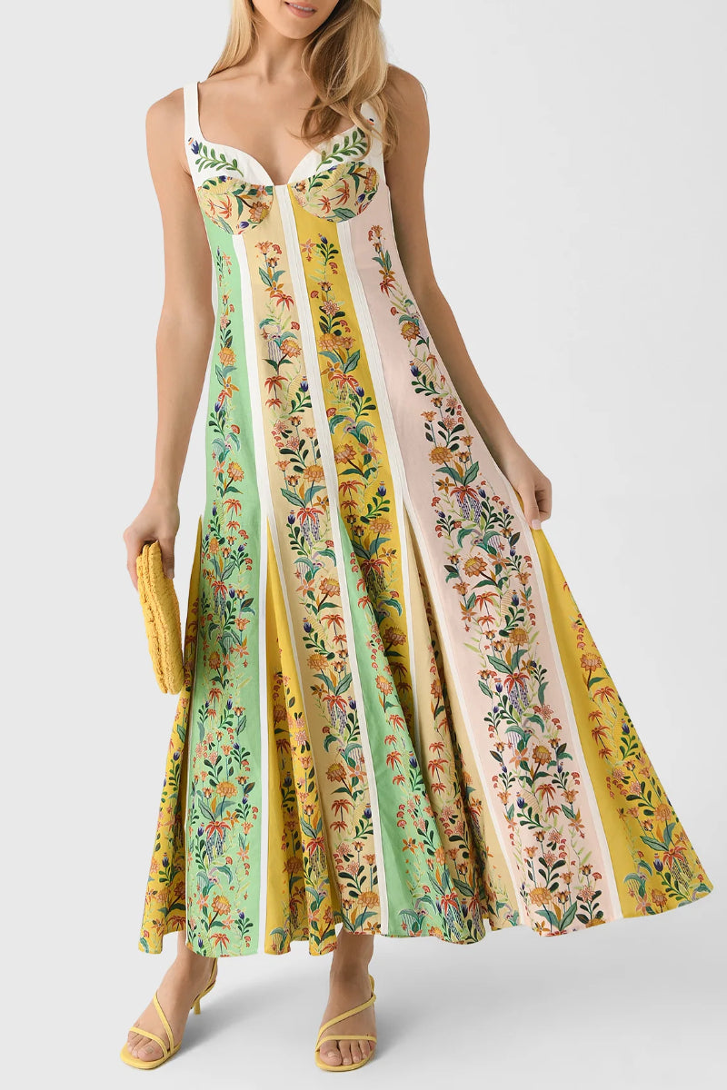 Women's Fresh Color-Blocked Floral Print Sundress Long Dress Vacation Style