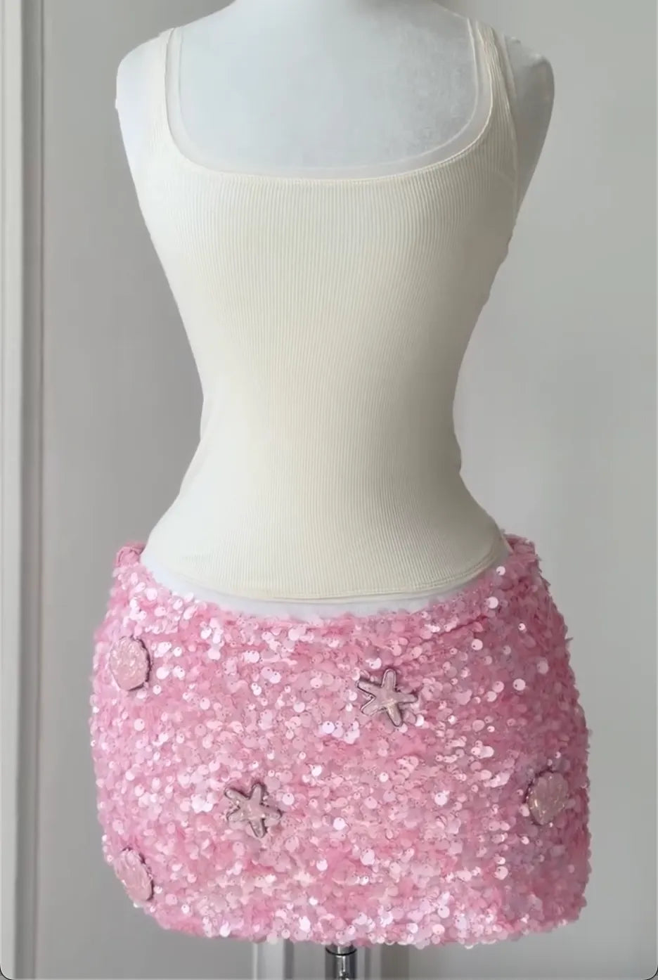 Cream Rib Square Neck Tank Top & Ocean Starfish Shell Sequin Mini Skirt Two Piece Set, Light Blue & Pink Vacation Party Outfit