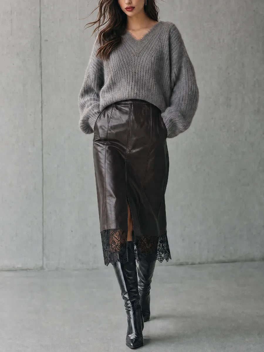 Effortless Chic Slouchy Sweater & Faux Leather Midi Skirt Outfit