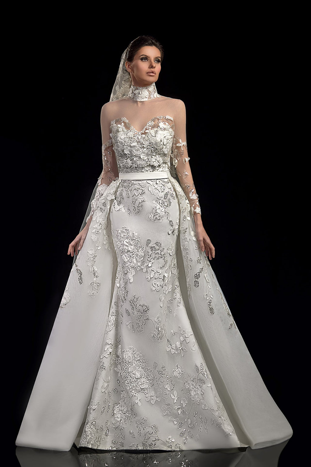 Long sleeves floral embroidered mermaid wedding dress