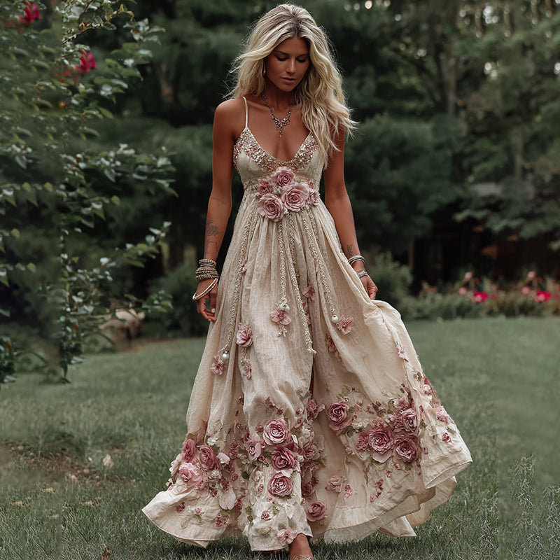 Women's Pink Rose Embroidery Art Suspender Maxi Dress