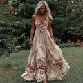 Women's Pink Rose Embroidery Art Suspender Maxi Dress