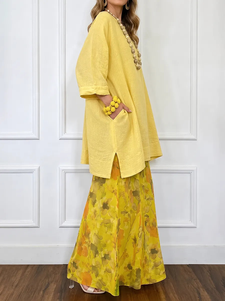 Flower Print Contrast Color Wide Leg Loose Trousers Pants