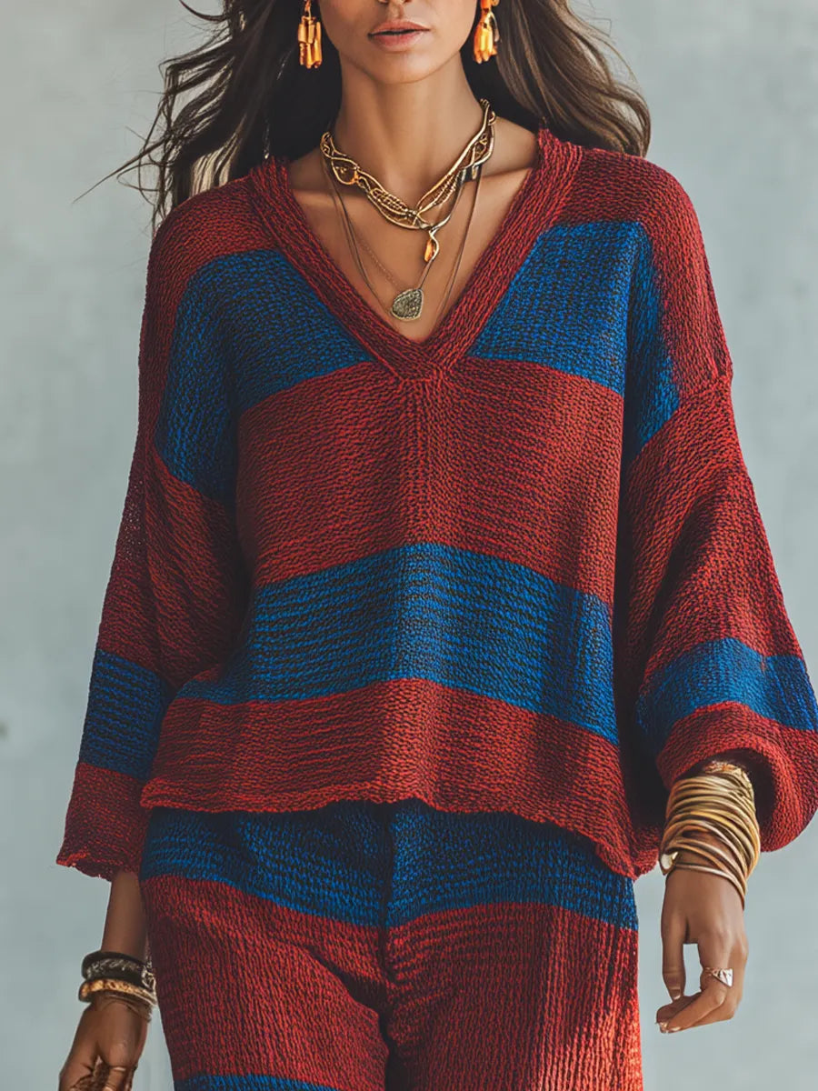 Boho Striped Knit Top & Wide-Leg Pants Set