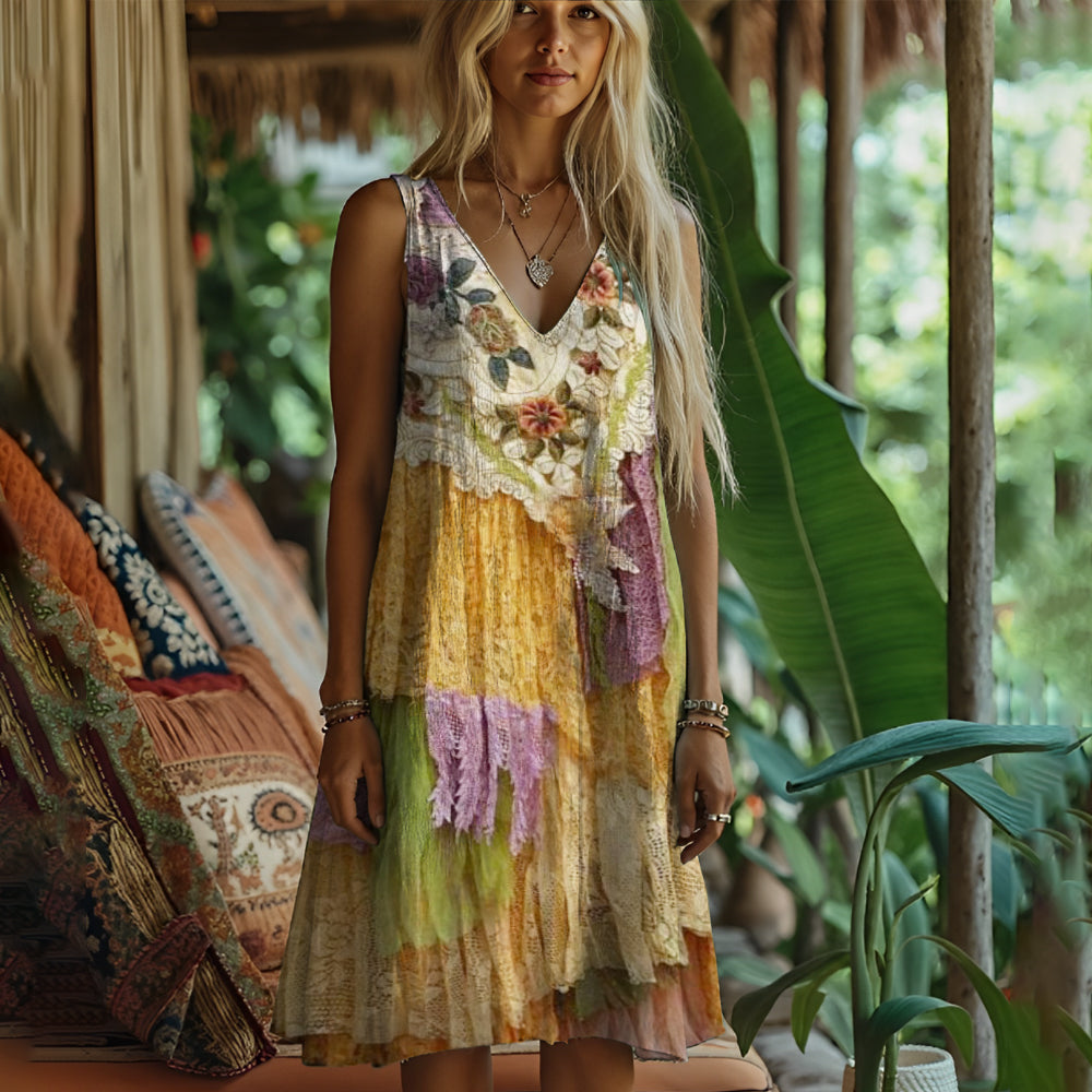 Lace Floral Vintage Multi-layer Art Women's Linen Vest Dress