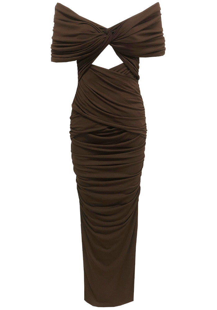 Draped Bardot Maxi Dress Brown