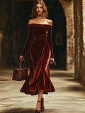 [24-hour shipping out]Fashion Party Off-shoulder Solid Color Velvet Long Sleeve Midi Dress