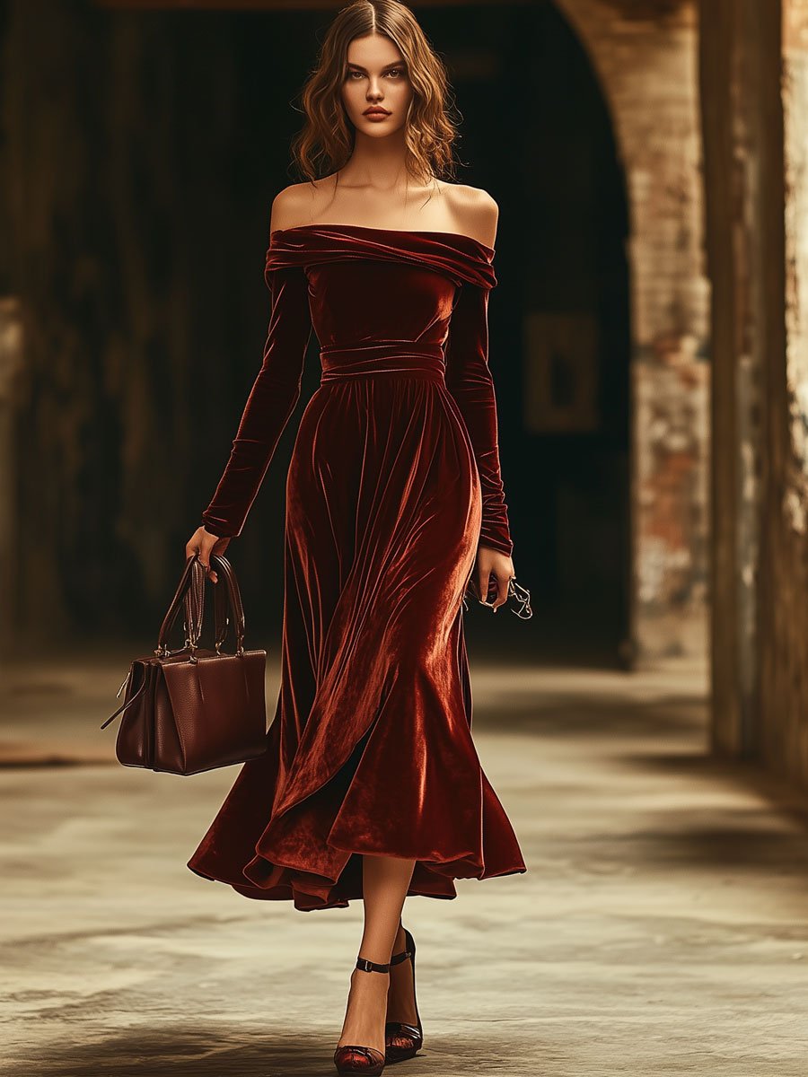 [24-hour shipping out]Fashion Party Off-shoulder Solid Color Velvet Long Sleeve Midi Dress