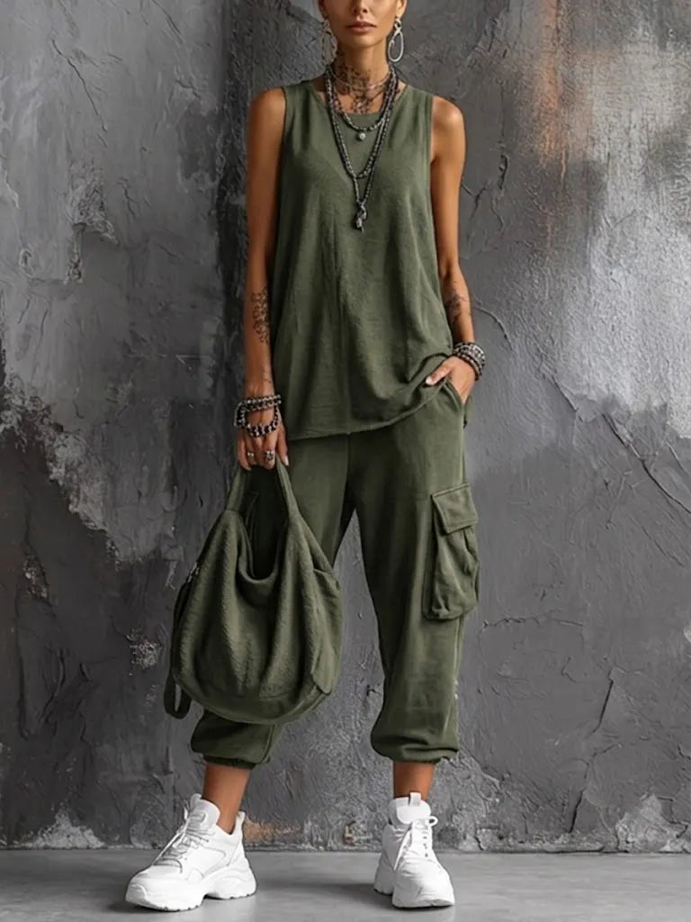 Casual Street-style Sleeveless Cotton T-shirt And Pants Two-piece Set