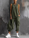 Casual Street-style Sleeveless Cotton T-shirt And Pants Two-piece Set