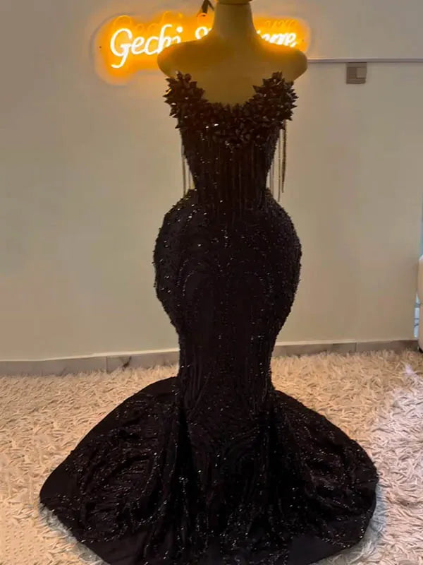 Shiny Sequinned Sleeveless tasseled Tube Mermaid Maxi Dresses