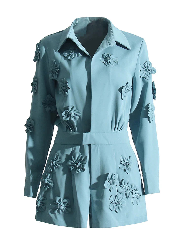 Turquoise Jumpsuit with 3D Floral Appliqués, Long Sleeves & Shorts