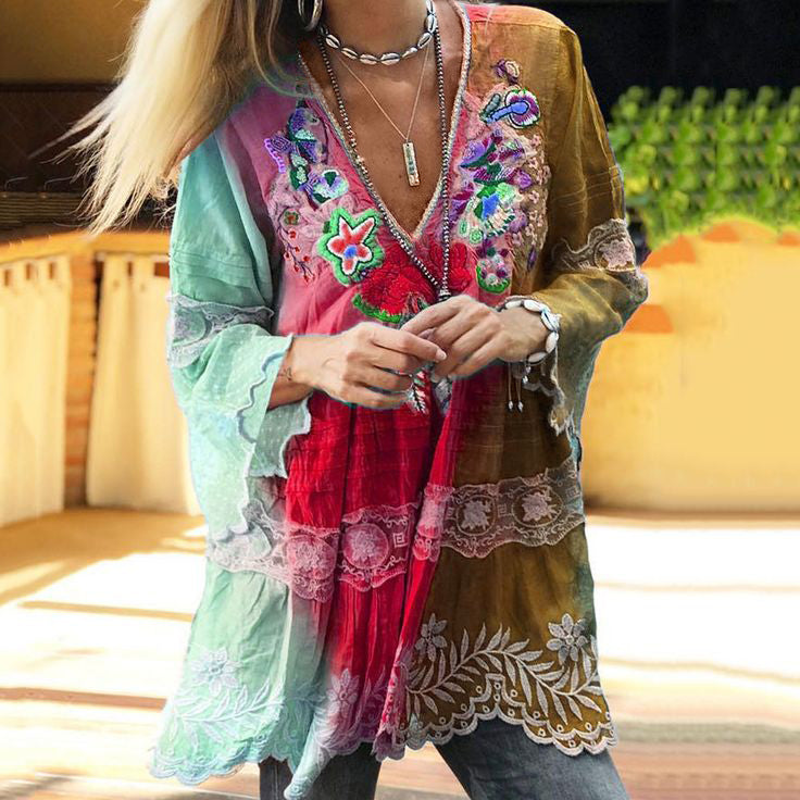 Vintage Boho Purple Floral Embroidered  Color Block Patchwork Linen V-neck Tunic
