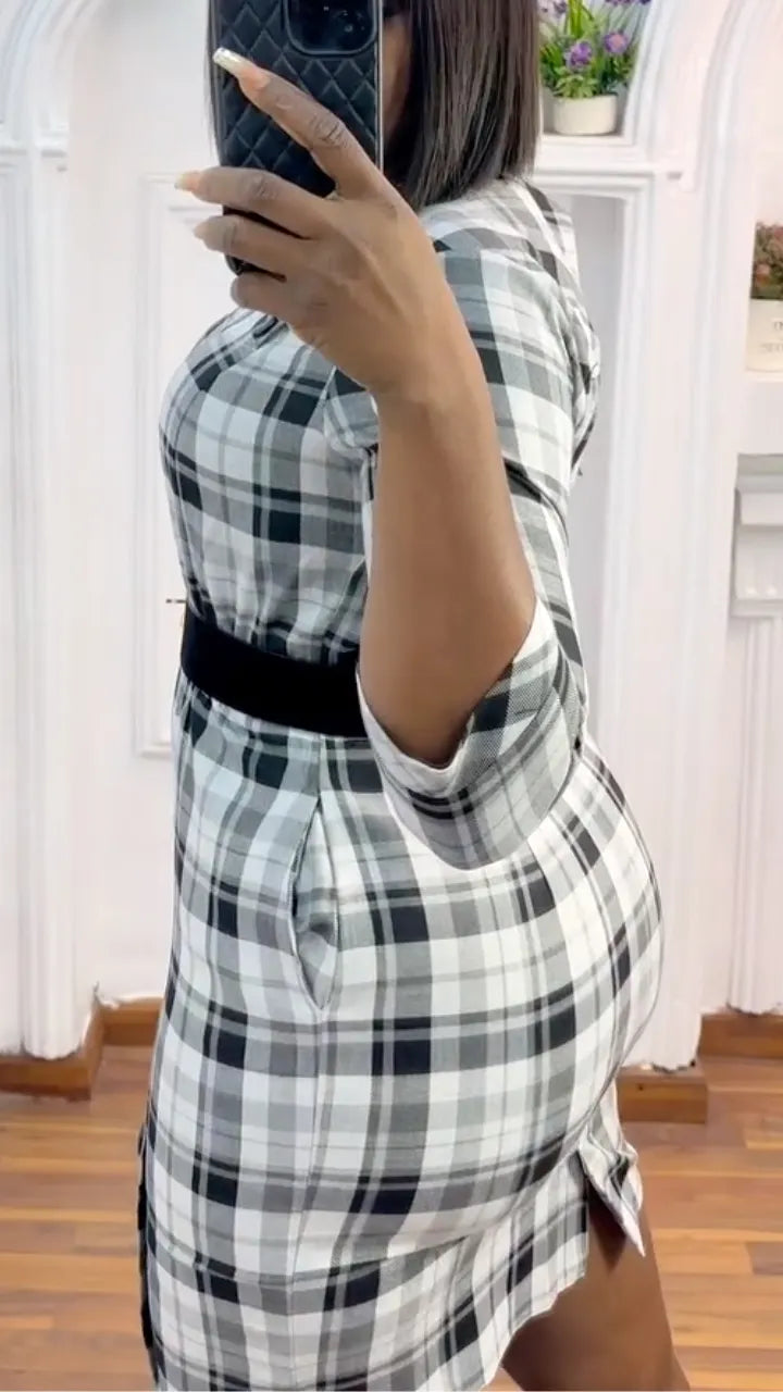 Black & White Plaid Waist-Button Dress