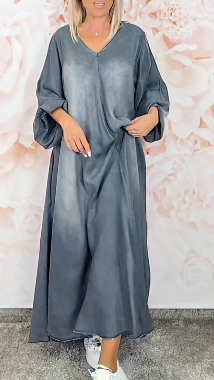 V-Neck, Batwing-Sleeve, Loose-Fit Denim Dress with Flared Hem