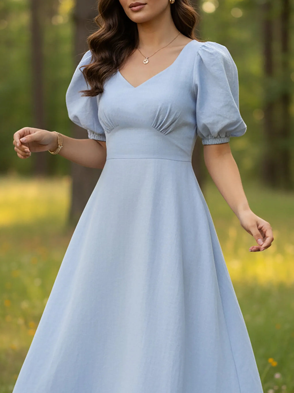Maxi Linen Dress, Short Sleeves, Sweetheart Neck, Plain, Vintage, Blue