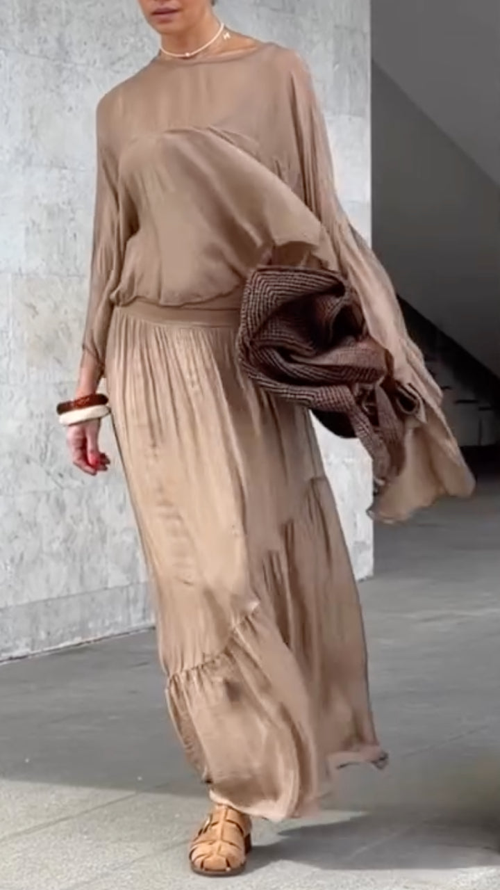 Sheer Ruffle Top & Pleated Maxi Skirt Co‑Ord Set