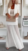 Women's Collared Blazer + Pleated Skirt Elegant Suit