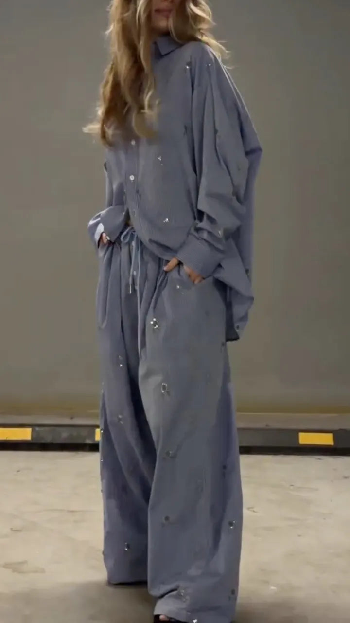 Sequin Oversized Shirt & Drawstring Wide Leg Pants Co‐Ord Set