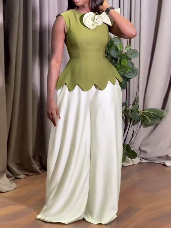 Simple Fashion Applique Top With Loose Wide Leg Bottom Two-pieces Suits
