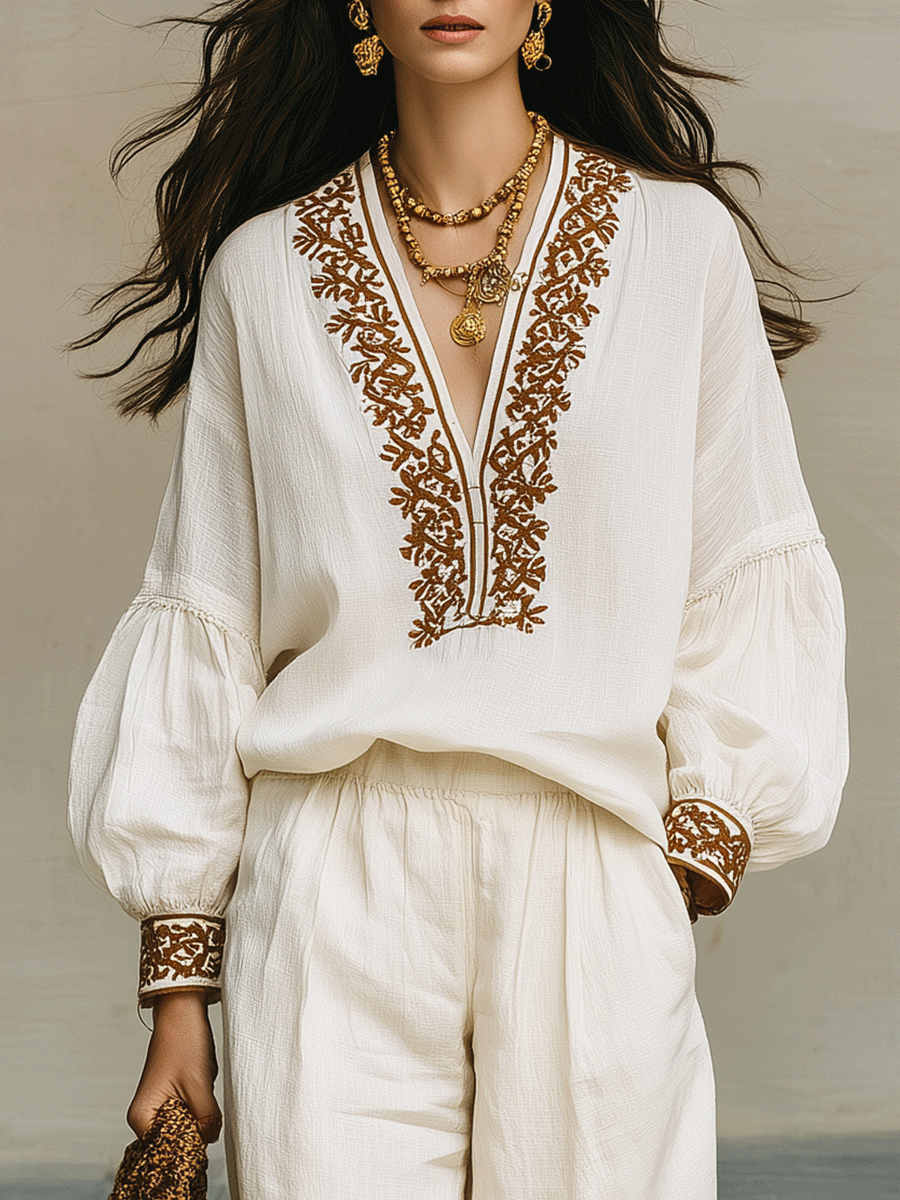 Elegant Vacation Linen Artisan Embroidery Wide-Leg Set