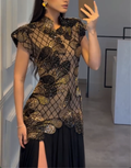 Black Stand Collar Gold Leaf Rhinestone Mesh Split Maxi Evening Dress Formal Party Gown