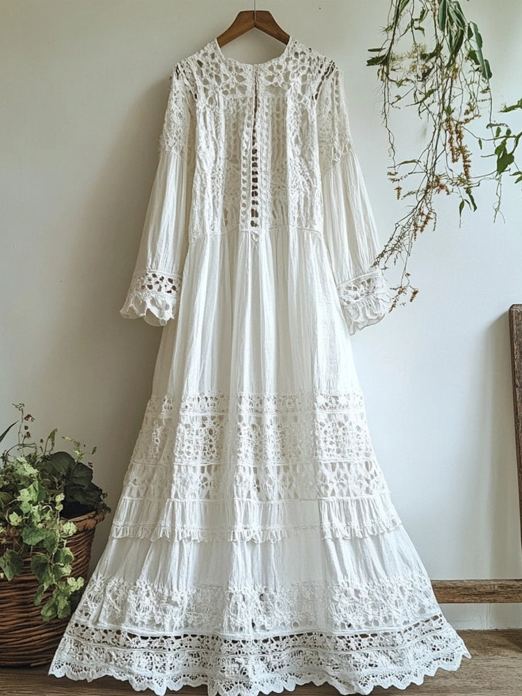 Vintage Floral Hollow Lace Patchwork Linen Cozy Maxi Dress