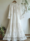 Vintage Floral Hollow Lace Patchwork Linen Cozy Maxi Dress