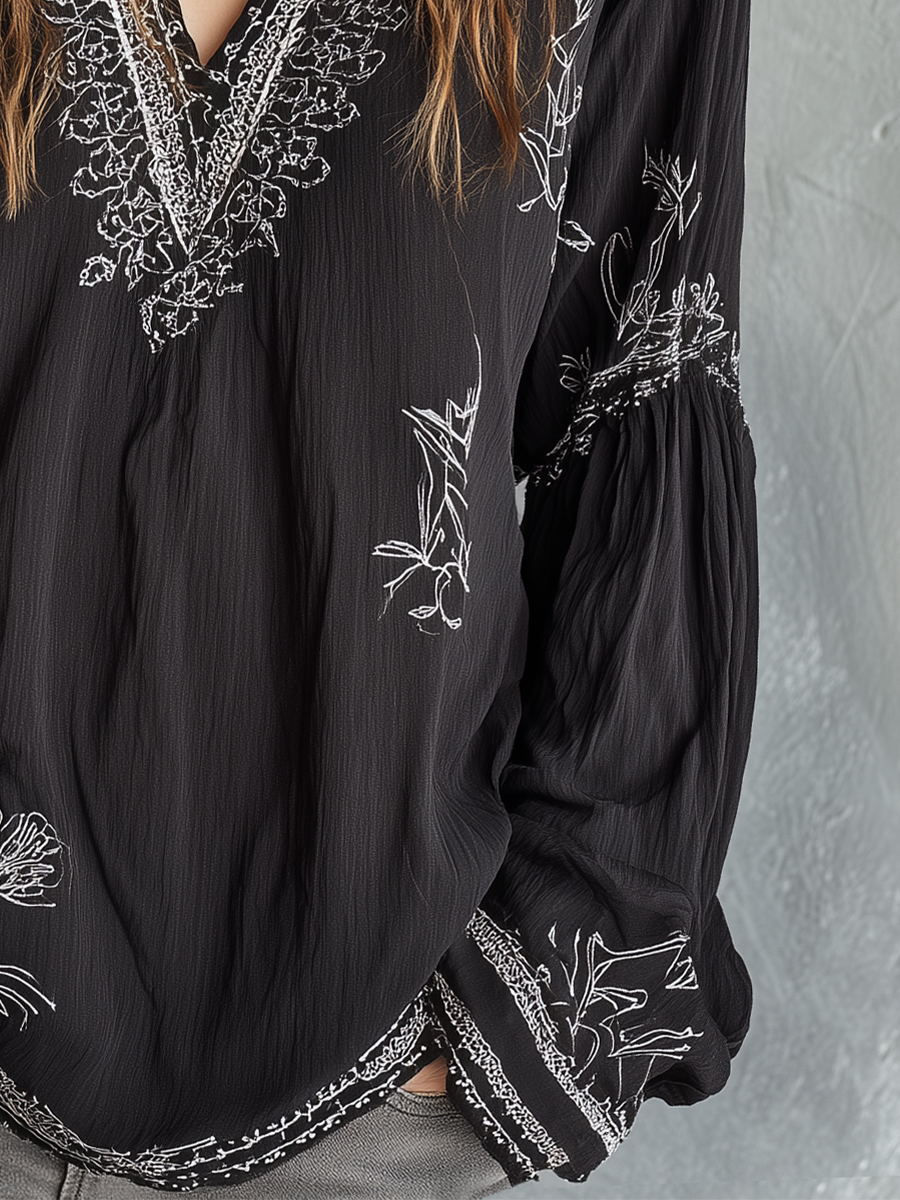 Elegant Black Embroidered V-Neck Blouse