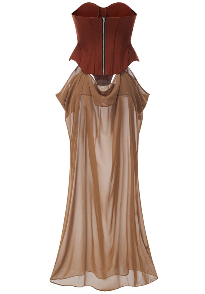 Strapless Corset Draped Maxi Dress Brown