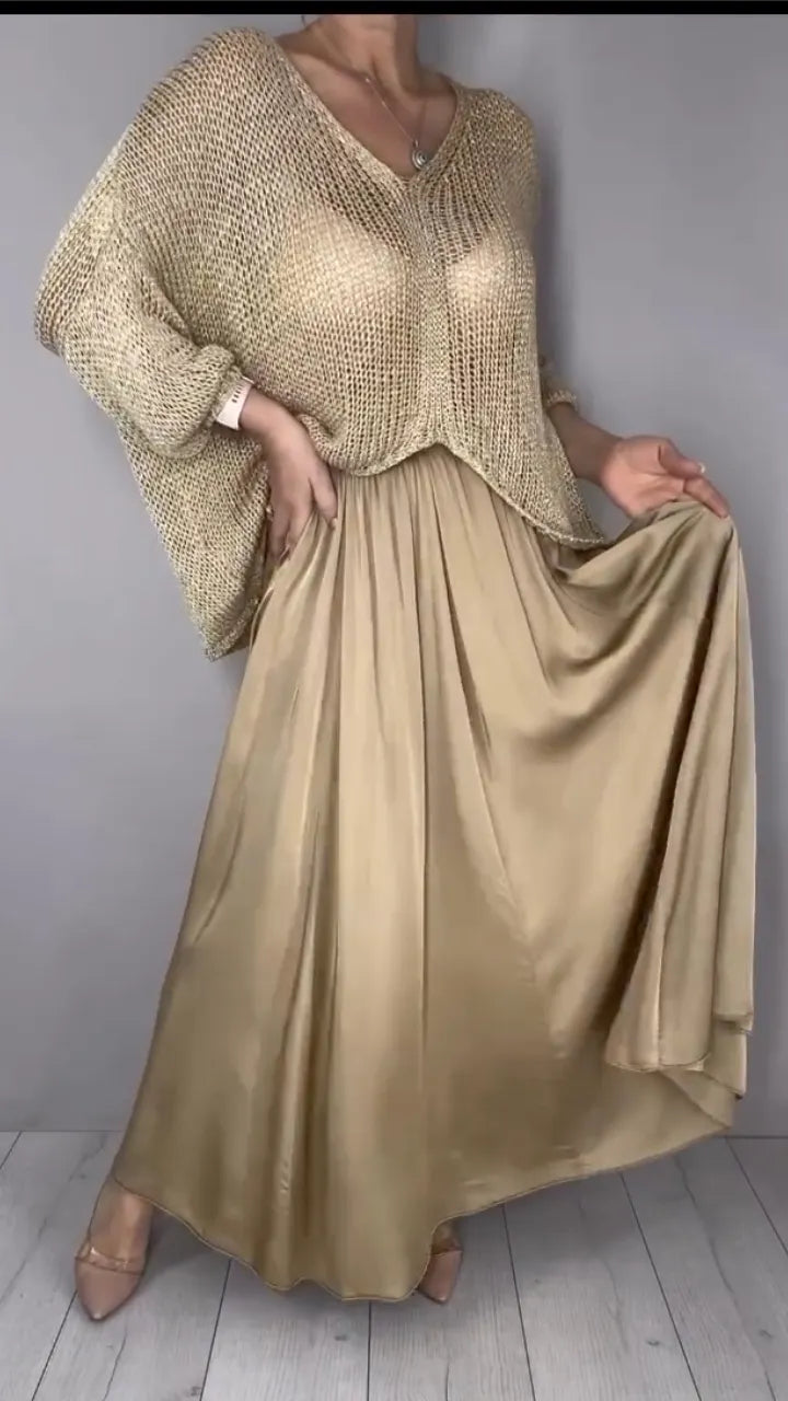 Gold Open Knit Cropped Sweater with Satin Maxi Skirt Set