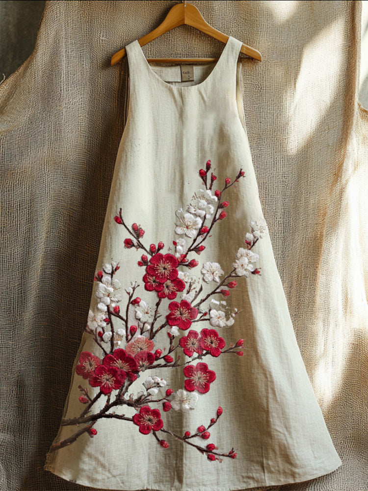 A Plum-embroidered Sleeveless Dress
