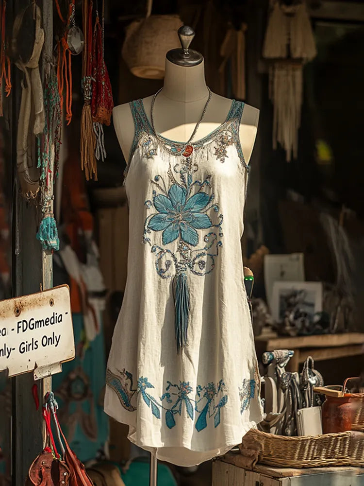 Women's Tribal Floral Casual Linen Sleeveless Dress