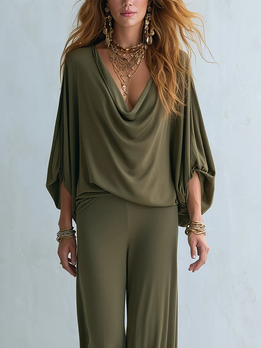 Bohemian Olive Green Batwing Sleeve Top Trousers Suit