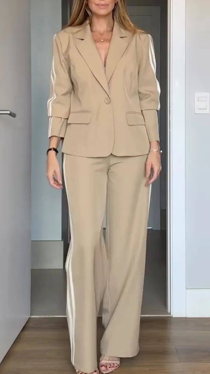 Khaki Striped Blazer Pants Set