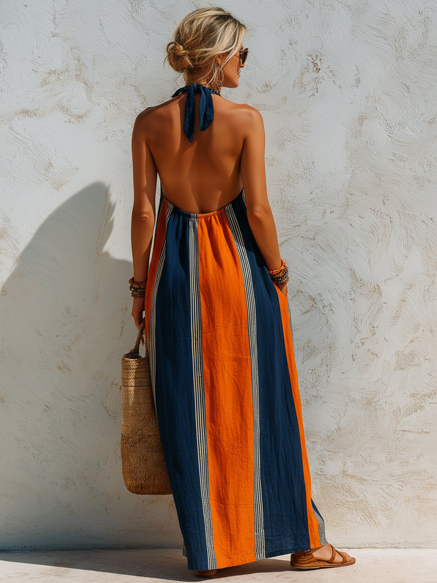 Color-blocked Vertical Stripe Halter Neck Loose Swing Dress