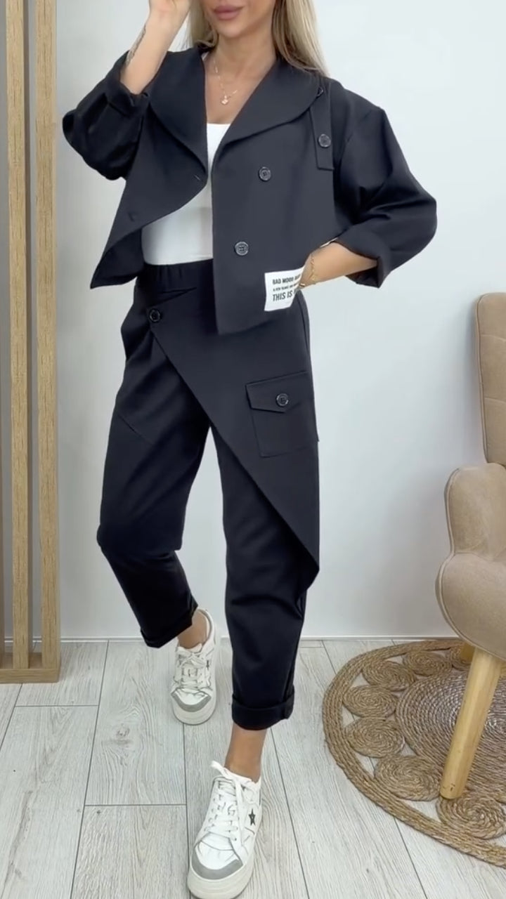 Cropped Trench Coat & Asymmetrical Wrap Cargo Pants Set
